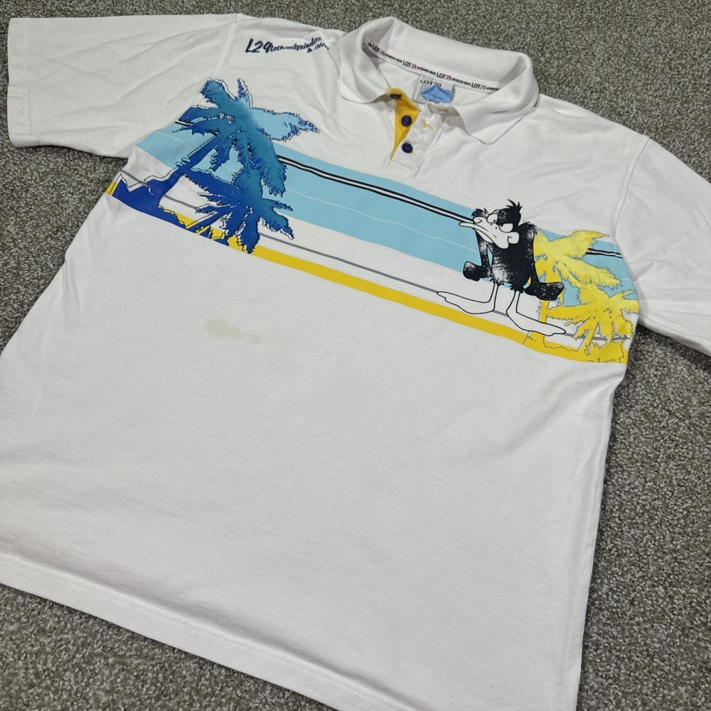 Lot 29 Daffy Duck Polo Shirt Beach Theme Large White With Graphic Print